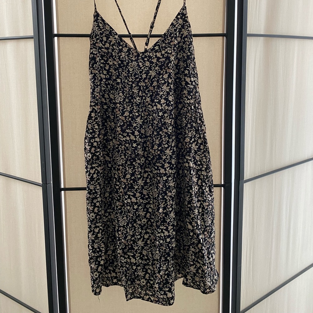 Black cross back strap floral mini dress